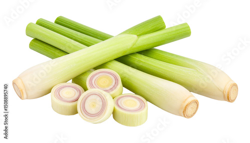 Fresh lemongrass stalks and slices isolated on transparent background