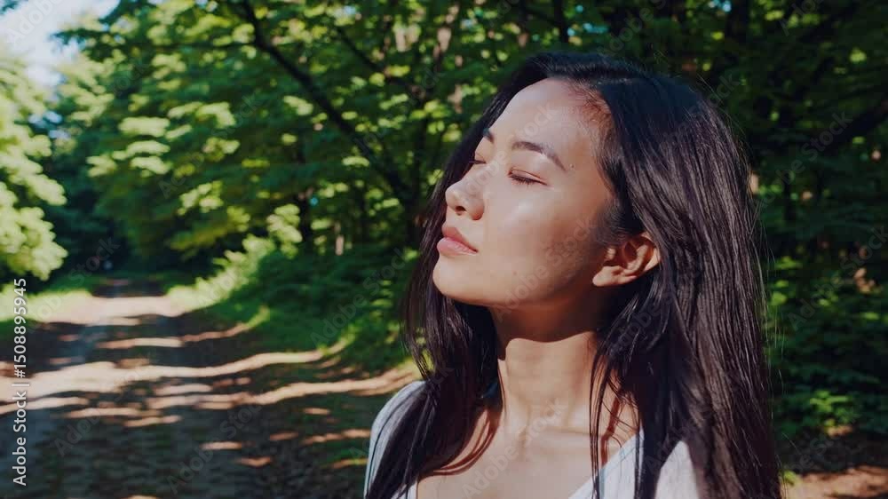Serene Solitude: An Asian woman embraces the tranquil embrace of a sun-dappled forest path, eyes closed, bathed in golden sunlight and a sense of introspection. Serene Solitude: An Asian woman embraces the tranquil embrace of a sun-dappled forest path, eyes closed, bathed in golden sunlight and a sense of introspection.