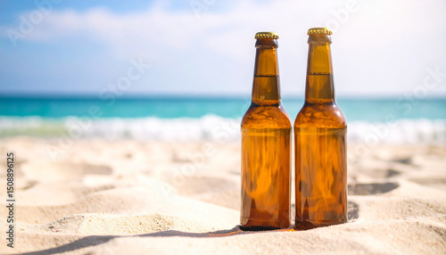 Two beer bottles on sandy beach. Tasty alcohol beverage. Delicious drink. Summer vacation. Close-up. photo