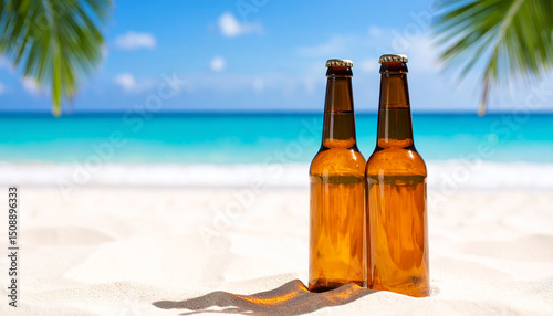 Two beer bottles on sandy beach. Tasty alcohol beverage. Delicious drink. Summer vacation. Close-up. photo