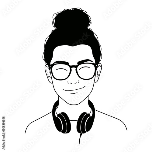 Relaxed Girl with Headphones, Glasses, and Bun A Simple Line Art Illustration