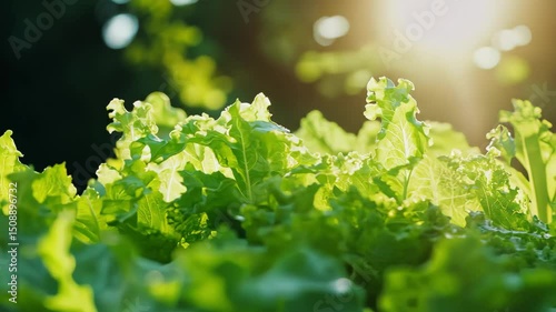 Fresh green lettuce growing in garden with sun shining, healthy organic food.