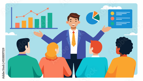 A financial expert confidently explains to a group of investors how the use of predictive analytics has allowed them to accurately predict fluctuations in the market leading to. Vector illustration