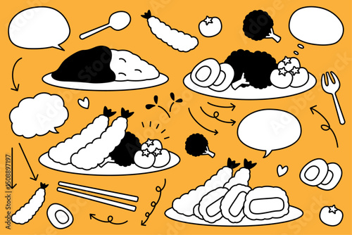 手描き風のかわいい料理と吹き出しと矢印のセット