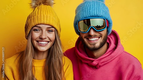 Smiling young adult couple in colorful winter clothing against bright yellow background, wearing beanies and ski goggles. Happy winter lifestyle.
