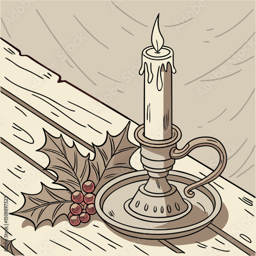 Lit candle in antique candlestick with holly berries