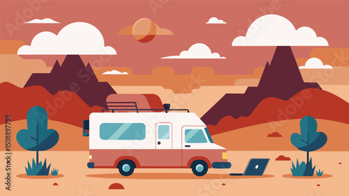 A camper van parked in the middle of a desert with a digital nomad typing away on their laptop as data clouds form above the vast landscape.. Vector illustration