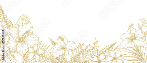 Tropical floral background with golden line art of hibiscus flowers and leaves. Luxury hand drawn frame, border. Vector illustration for design of card, banner, invitation, advertising and packaging