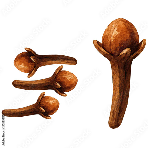 Watercolor illustration of fresh cloves spice isolated on white background culinary ingredient