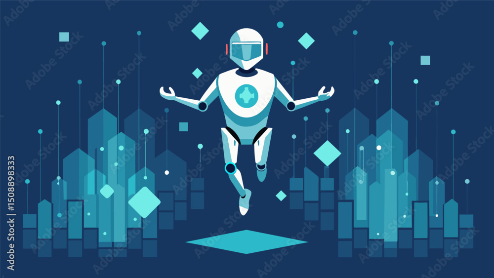 Fototapeta premium A futuristic AI figure gracefully floats a a sea of code eagerly gathering insights from each line of data it encounters.. Vector illustration