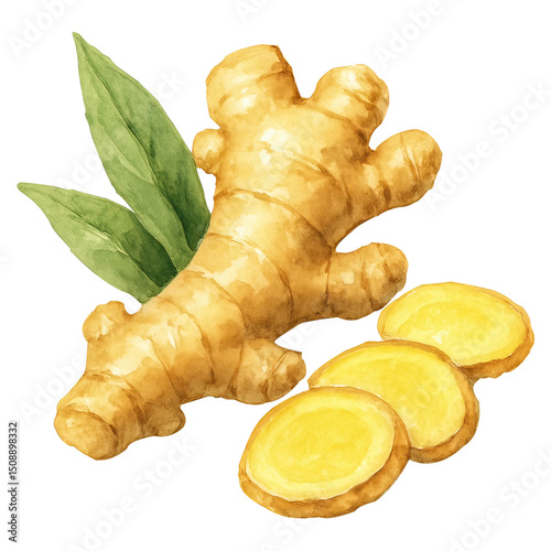 Watercolor illustration of fresh ginger root with slices and green leaves isolated