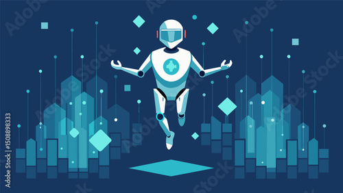 A futuristic AI figure gracefully floats a a sea of code eagerly gathering insights from each line of data it encounters.. Vector illustration