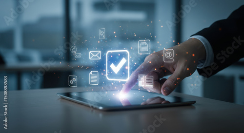 Business Approval: Man in suit completes online tasks on a tablet device with checkmark validation