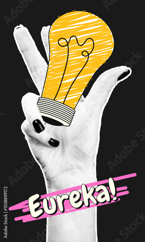 A hand with a halftone effect firmly grips a light bulb, illustrating a burst of inspiration and creative thought, while showcasing a vibrant design.