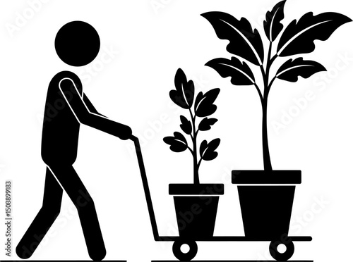 Person Transporting Potted Plants on a Cart Gardening, Botany, Horticulture, Agriculture, Plants