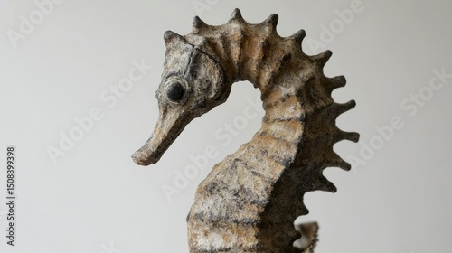 Close-up of a sculpted seahorse, light beige and brown tones, detailed spines