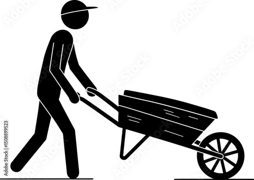 Construction Worker Pushing Wheelbarrow Simple Illustration of Manual Labor and Construction Site Tasks