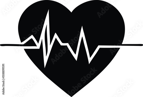 A black heart pulsates with an electrocardiogram rhythm through its center with a transparent background