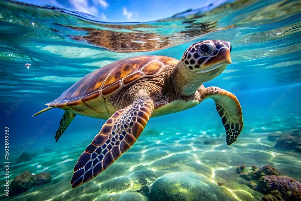 Fototapeta premium Sea turtle underwater in vibrant ocean