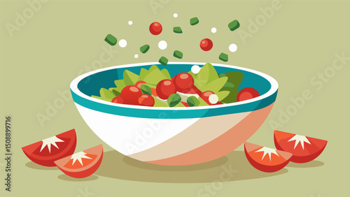 A bowl of diced tomatoes onions and cilantro being mixed together to create a vibrant pico de gallo.. Vector illustration