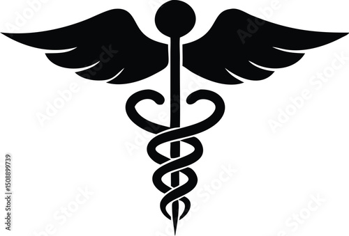 Symbolic caduceus medical icon exhibits a striking monochromatic silhouette against a transparent backdrop