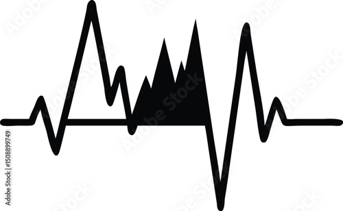 Black silhouette mountain range is depicted within an electrocardiogram waveform trace on white
