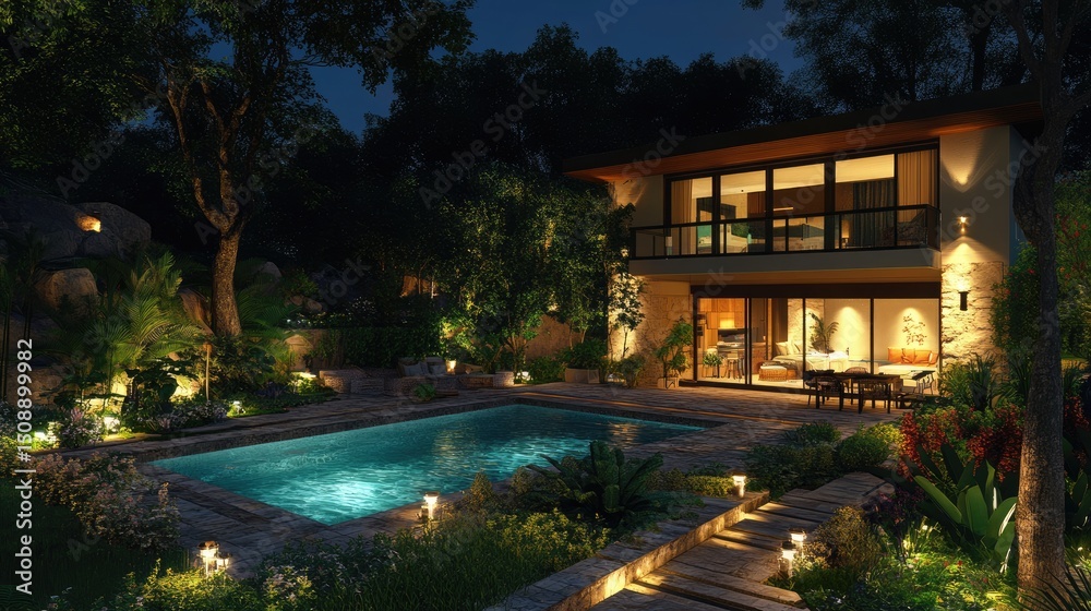 Obraz premium Contemporary home with pool, garden view, nighttime ambiance.