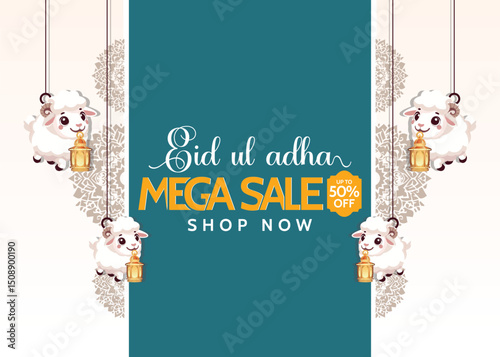 Eid al adha Mubarak mega Sale with cute sheep lanterns Advertising Banner Vector Template Design