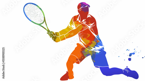 Watercolor illustration of a tennis player swinging a racket with vibrant colors and dynamic motion on white |eps vectors