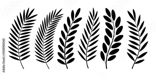  stylized leaves silhouette vector with simple and elegant shapes, isolated on white background, ideal for botanical designs, nature projects, floral themes, and decorative 