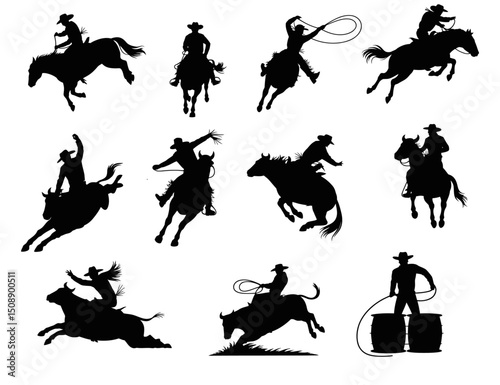 Rodeo and cowboy scenes silhouette vector set ,horseback riding, bull riding, lasso throwing, barrel racing, cowboy hats, western action poses, wild west theme, rustic adventure
