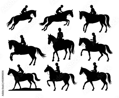 Horse riders silhouette vector in various riding poses including walking, trotting, and jumping, isolated on white background, ideal for equestrian, sports