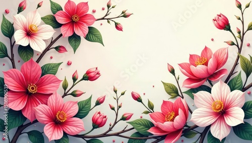 Continuous floral motif, intertwining blossoms, graphic, romantic