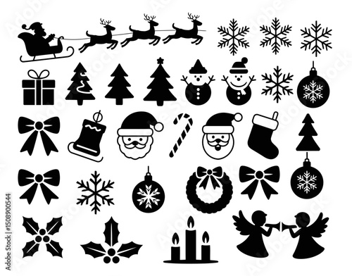 Christmas and winter holiday silhouette vector set, including Santa Claus, snowflakes, Christmas trees, gifts, stockings, bells, wreaths, angels, and festive decoration