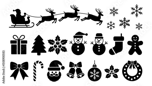 Christmas and winter holiday silhouette vector set, including Santa sleigh with reindeer, snowflakes, gifts, Christmas trees, snowmen, stockings, gingerbread, bells, ornaments, wreath