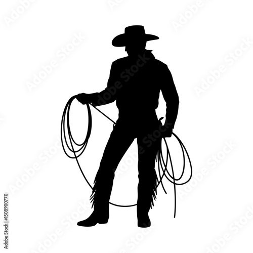 Cowboy Silhouette with Lasso Vector, Western Rancher Clipart, western cowboy attire including hat and chaps, wild west theme, rodeo design, rustic outdoor adventure, cowboy lifestyle graphic