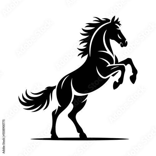 Black silhouette vector illustration of a powerful rearing horse with flowing mane and tail, isolated on a white background, perfect for equestrian designs, wildlife art, sports logos