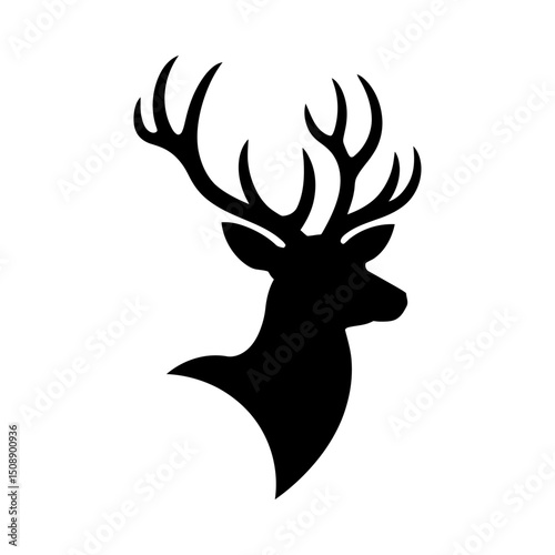 Solid black silhouette vector of majestic deer head with large antlers, nature-inspired wildlife graphic, rustic hunting theme, forest animal illustration, outdoor adventure design, trophy deer icon