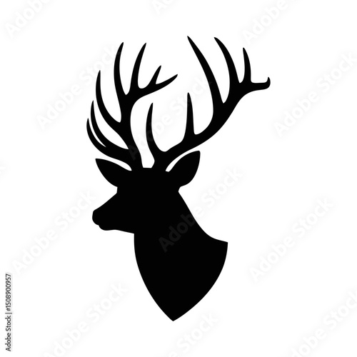 Deer Head Silhouette Vector Facing Right with Large Antlers, Wildlife Clipart, isolated on white background, ideal for wildlife logos, hunting designs, nature-themed projects