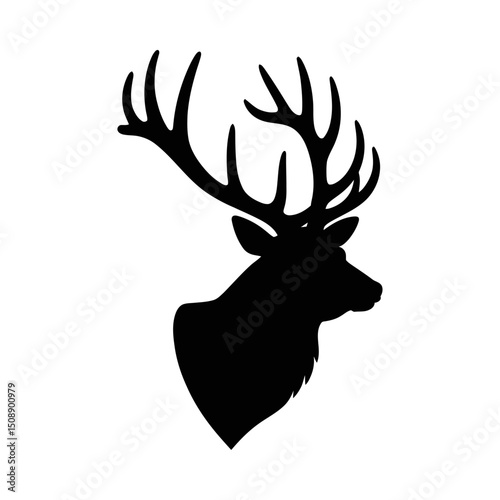 Deer Head Silhouette Vector with Large Antlers, Wildlife Clipart, isolated on white background, ideal for wildlife logos, hunting designs, nature-themed projects