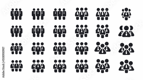 Depiction of multiple groups of three people, some wearing ties, arranged in a grid pattern on white background |eps vectors