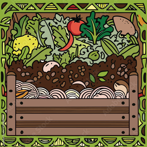 Vibrant compost bin illustration, isolated vegetables png