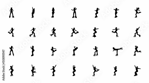 Silhouette illustrations of ice skaters in various poses performing on a white background surface view |eps vectors