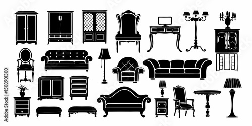 Illustration of various furniture items including wardrobes sofas chairs tables and lamps in black silhouette |eps vectors