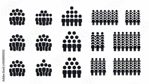 Illustration of multiple groups of people icons in varying sizes and arrangements on a white background |eps vectors