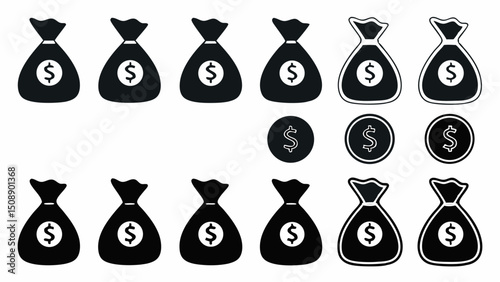 Illustration of money bags and coins with dollar signs in black and white on a white background design element |eps vectors