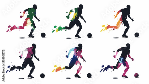 Artistic soccer players in action with colorful splash effects on a white background showcasing movement |eps vectors
