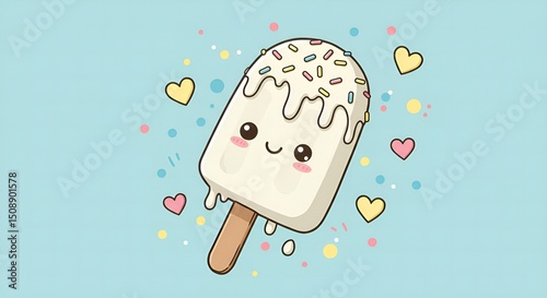 Smiling Chocolate Ice Cream Popsicle with Sprinkles and Hearts on Blue Background, Cute Cartoon Popsicle with Sweet Face, Drips, and Pastel Decor