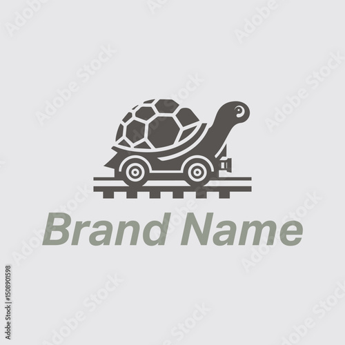 Vector cartoon illustration of a cute turtle animal with a sign. Turtle train logo.