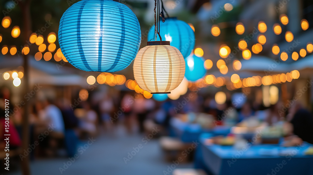 Obraz premium Colorful lanterns hanging over bustling outdoor dining area at night 